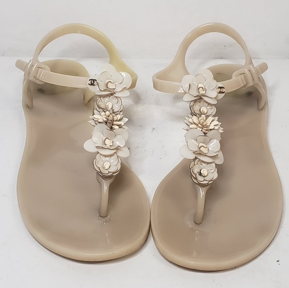 Chanel Camelia Rubber Flat Slingback Sandals SZ 36 Beige - Picture 1 of 16
